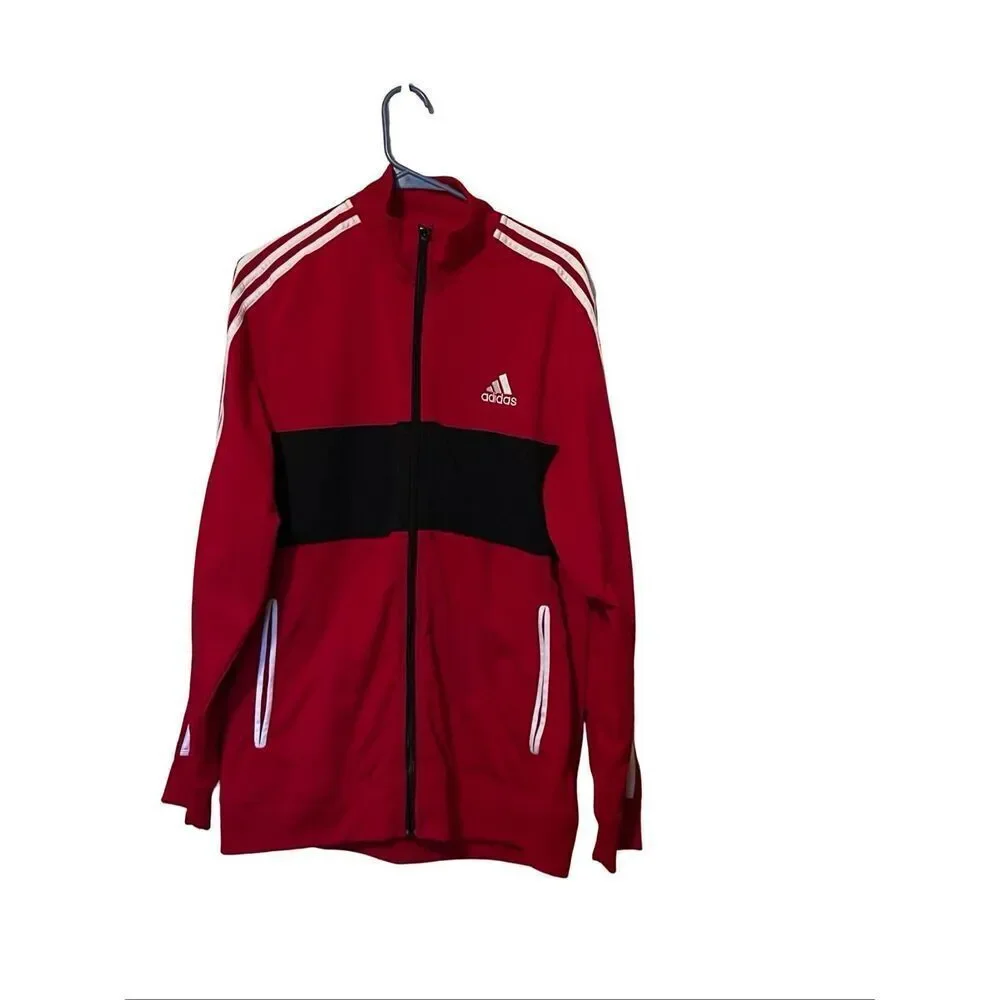 Adidas Mens Red Black White Stripes Long Sleeve Full Zip Track Jacket Large